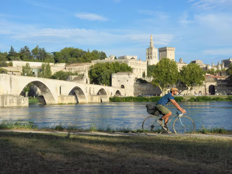 Cycliste sur ViaRhôna devant le pont d'Avignon