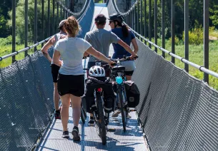 Cyclistes traversant la passerelle himalayenne 