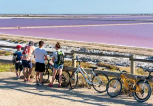 Cyclistes devant les marrais salants aux Saintes-Maries-de-la-Mer